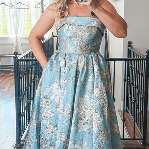 MAC DUGGAL Blue Strapless Brocade Midi Dress with Pockets